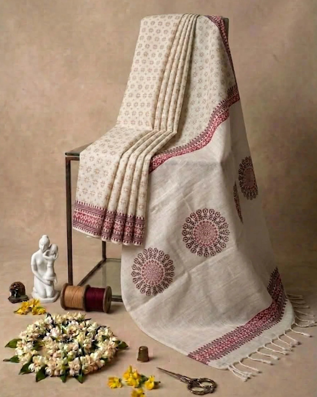 Indrani Khadi Cotton Saree – Off White Handloom Saree with Maroon & Red Block Print | Limited Edition