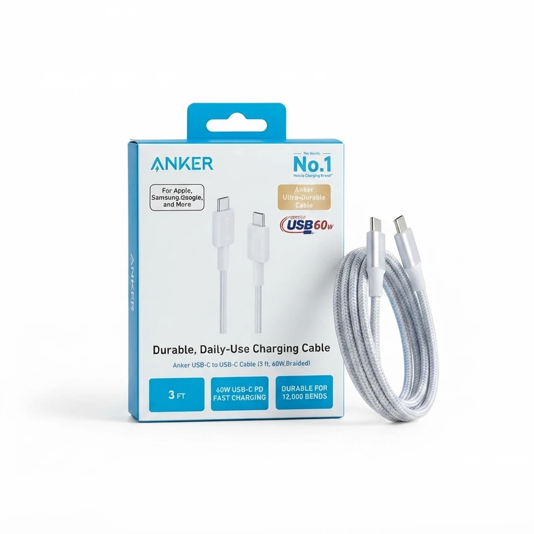 Anker Premium 60W USB-C to USB-C Braided Fast Charging Cable 3ft White  Original Anker Cable Bangladesh
