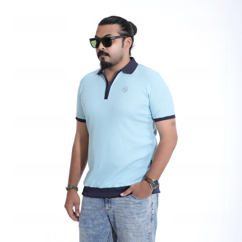 Men's Textured Sky Blue Polo with Zip-Up Collar T-Shirt