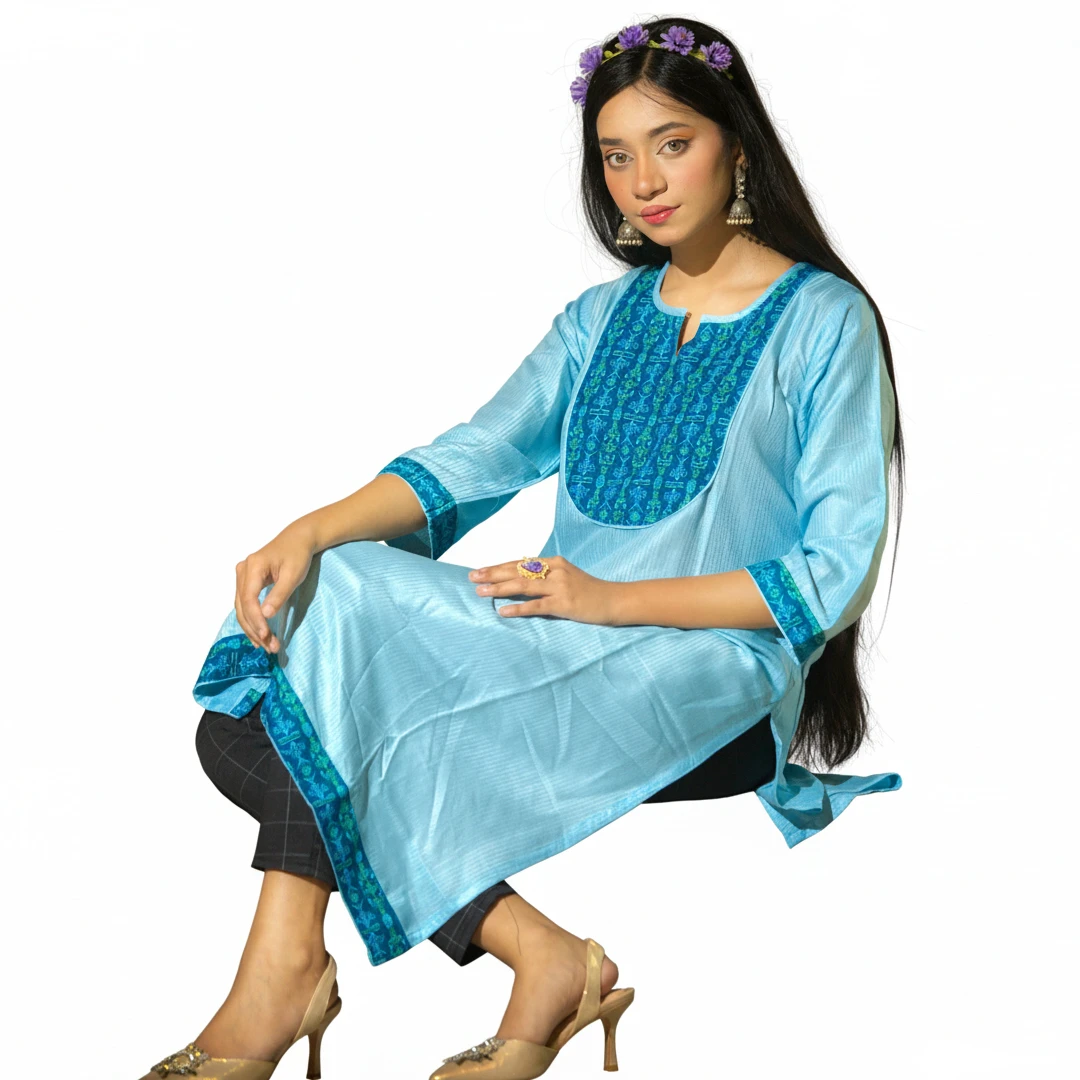 Elegant Light Blue Kurti with Intricate Neckline