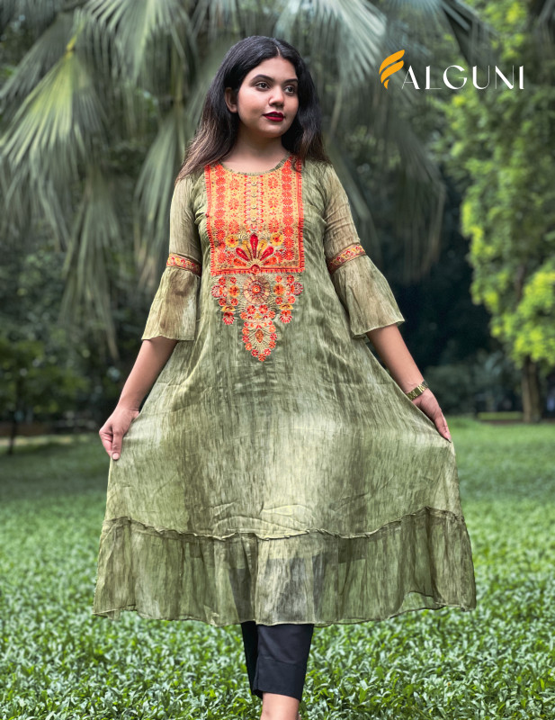 Women's Olive Green Embroidered Bell Sleeve Kurti Dress