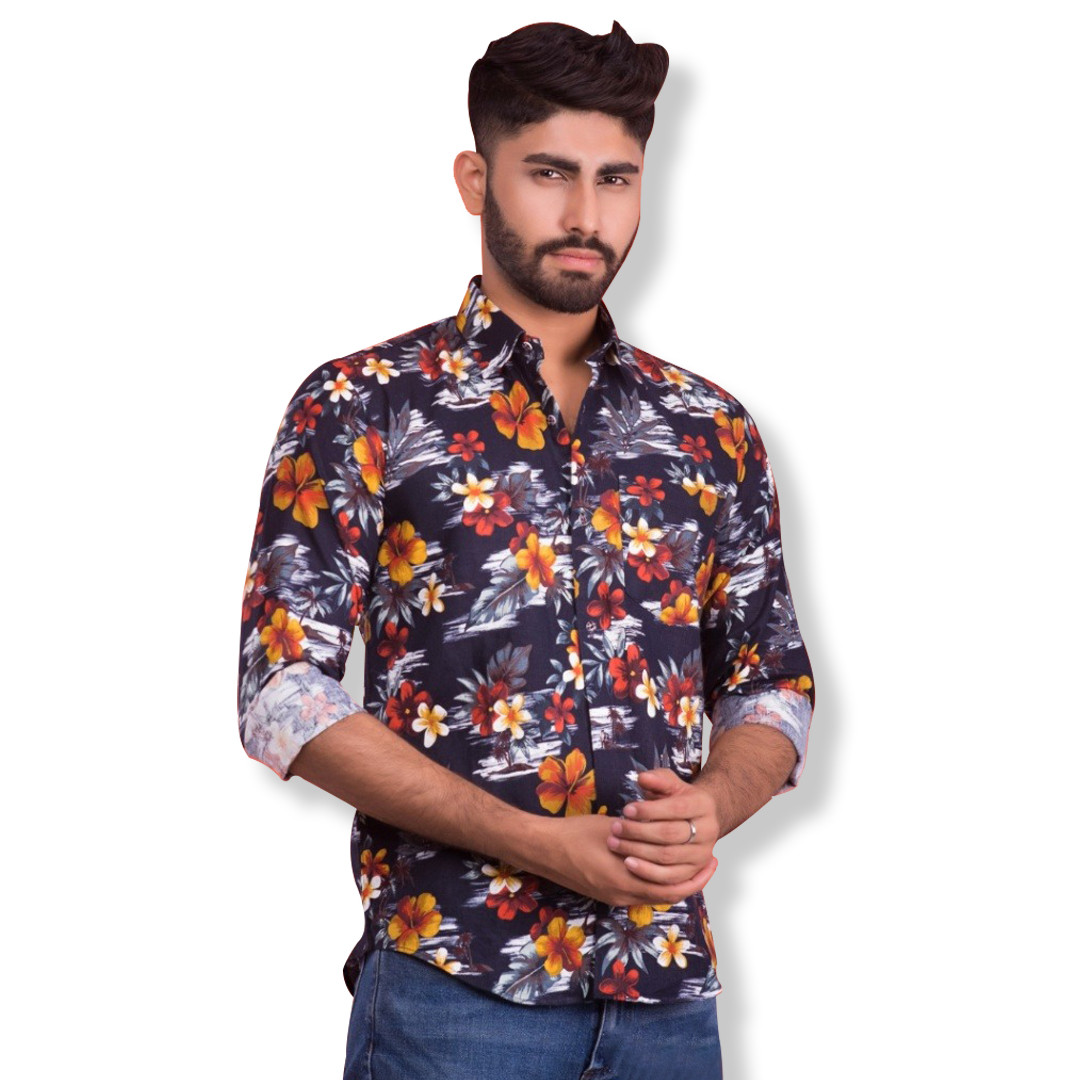 Stylish Men's Navy Tropical Flower Floral Print Long Sleeve Cotton Casual Shirt