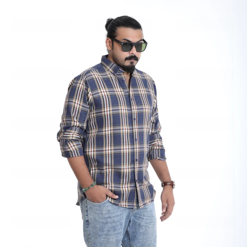 Men's Navy, Brown & White Plaid Full Sleeve Casual Shirt