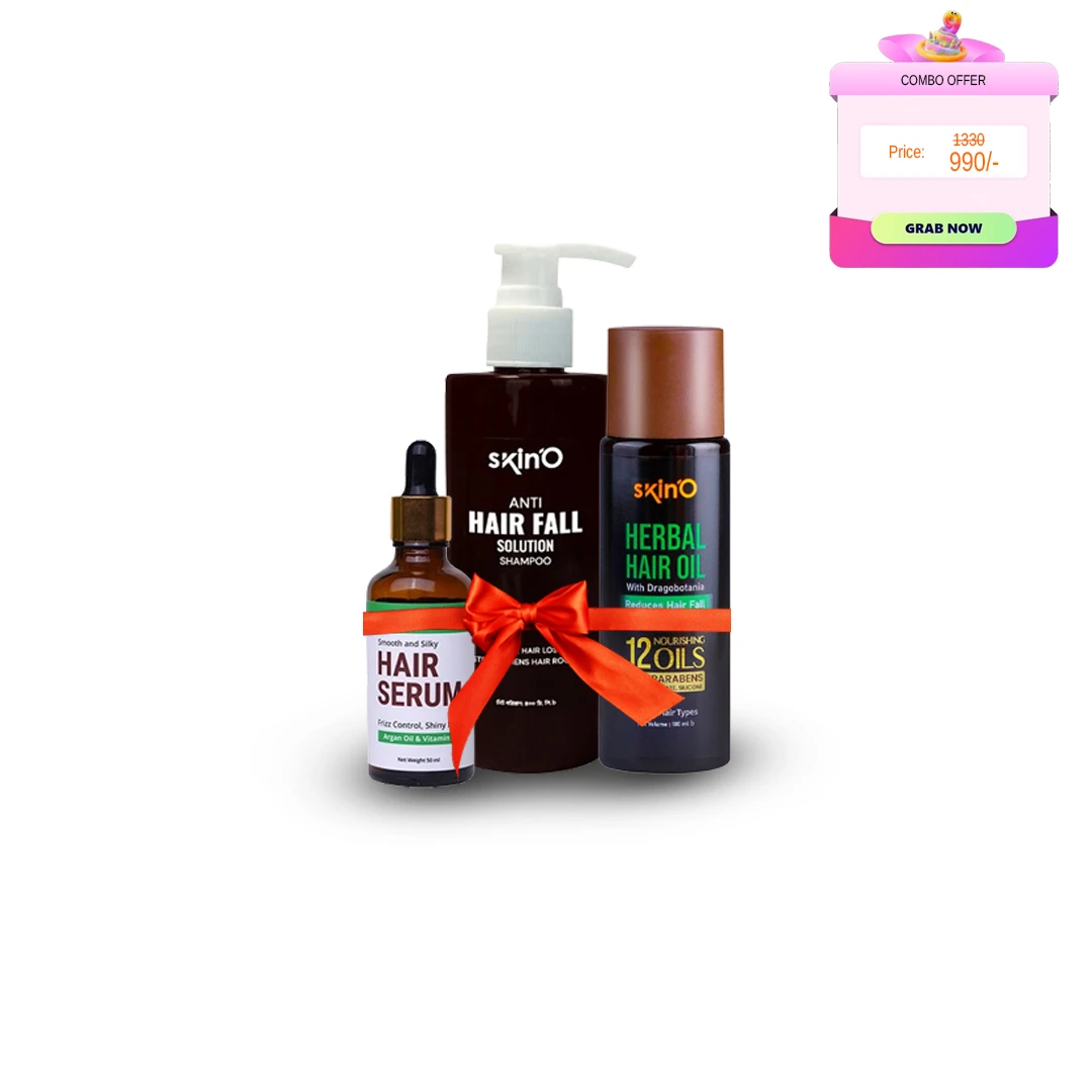 Skin’O Complete Anti-Hair Fall & Shine Combo – Herbal Oil (100ml) + Solution Shampoo (220ml) + Innsaei Silky Serum (50ml)