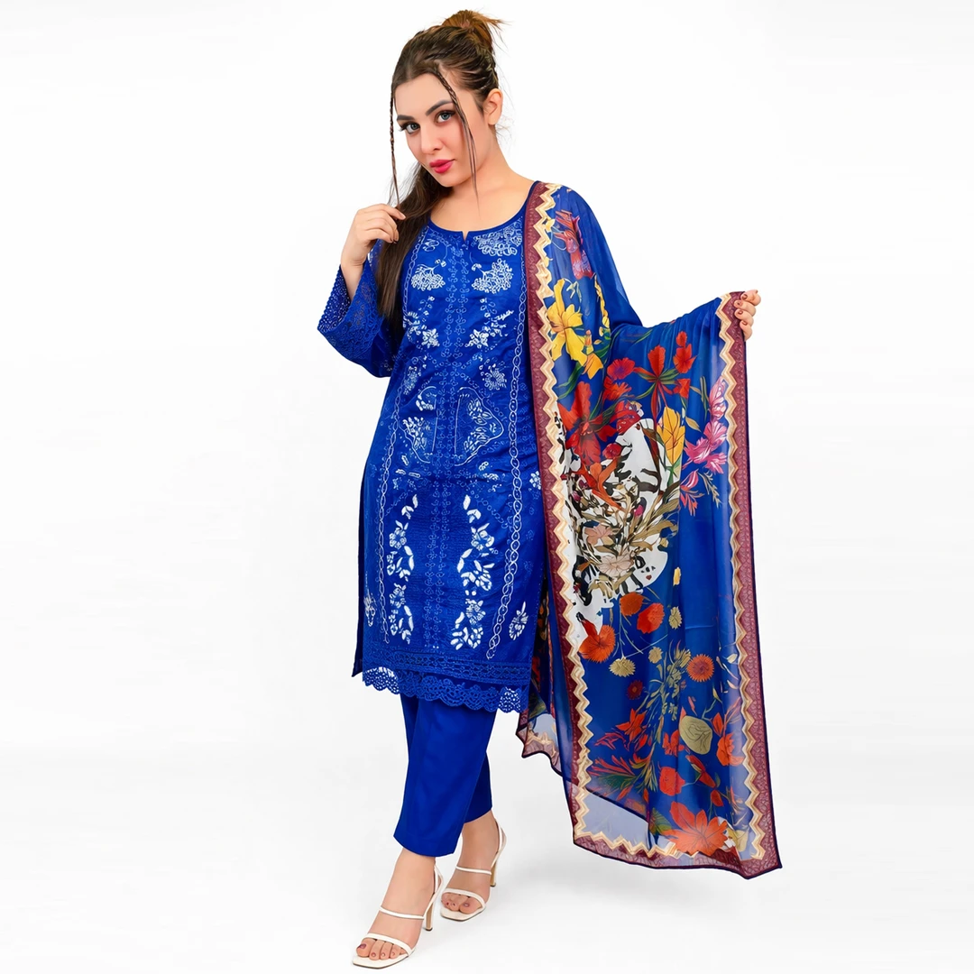 Premium Inspired Royal Blue Readymade Three-Piece Suit – Embroidered Kameez with Floral Dupatta