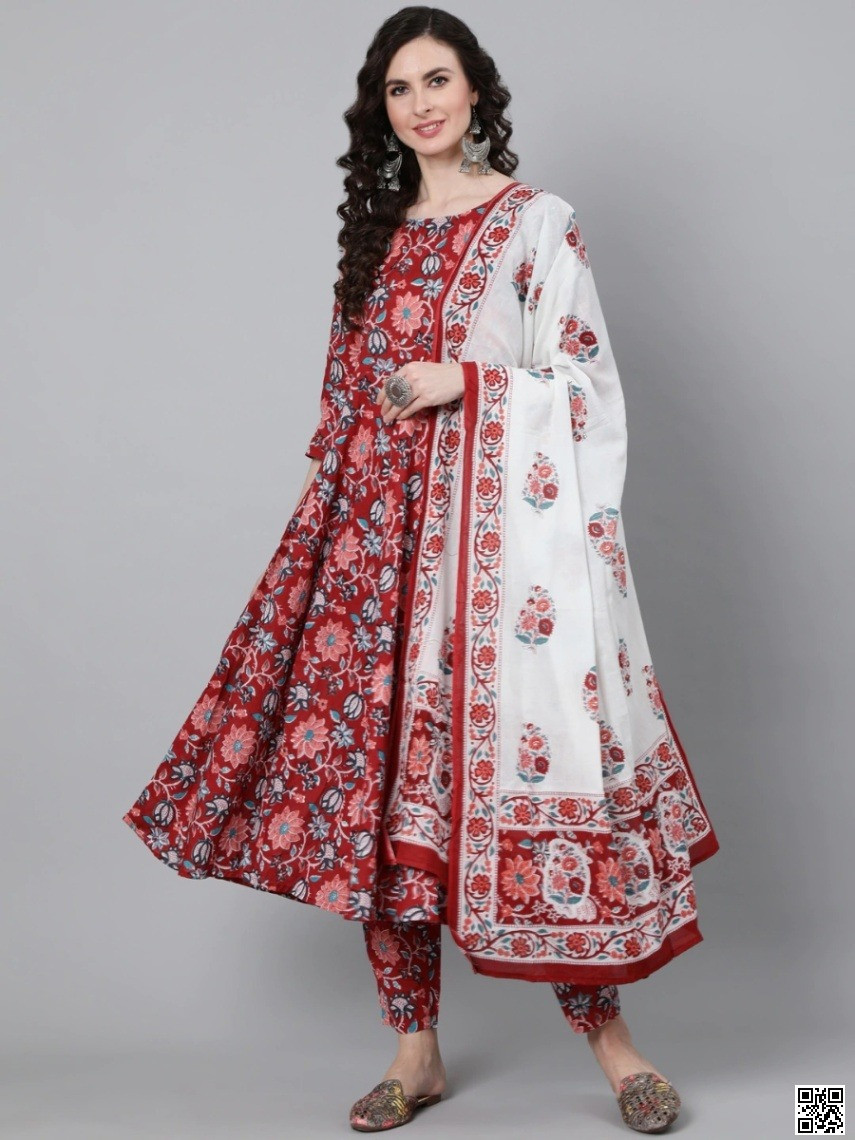 Red & White Floral Print Anarkali Suit - Three-Piece Cotton Set
