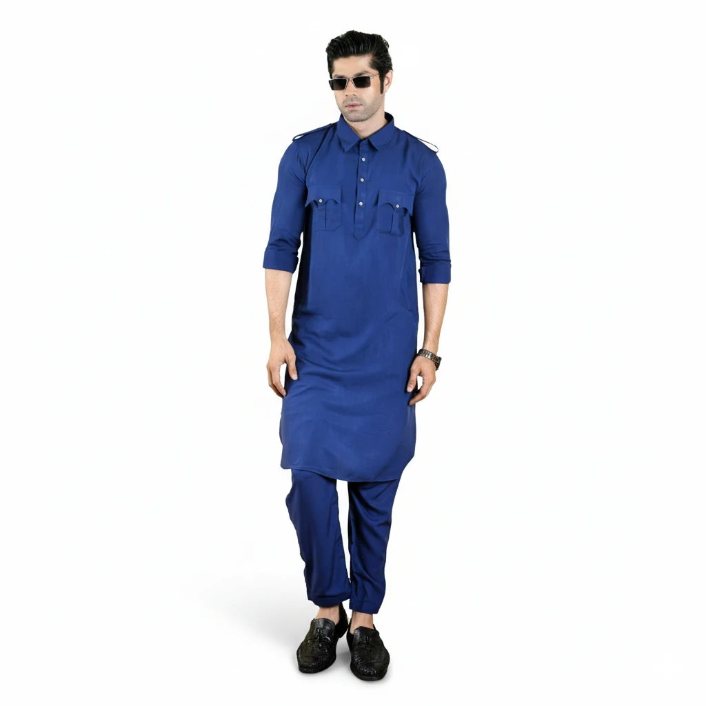 Modern Royal Blue China Linen Cotton Kabli Set with Utility Pockets