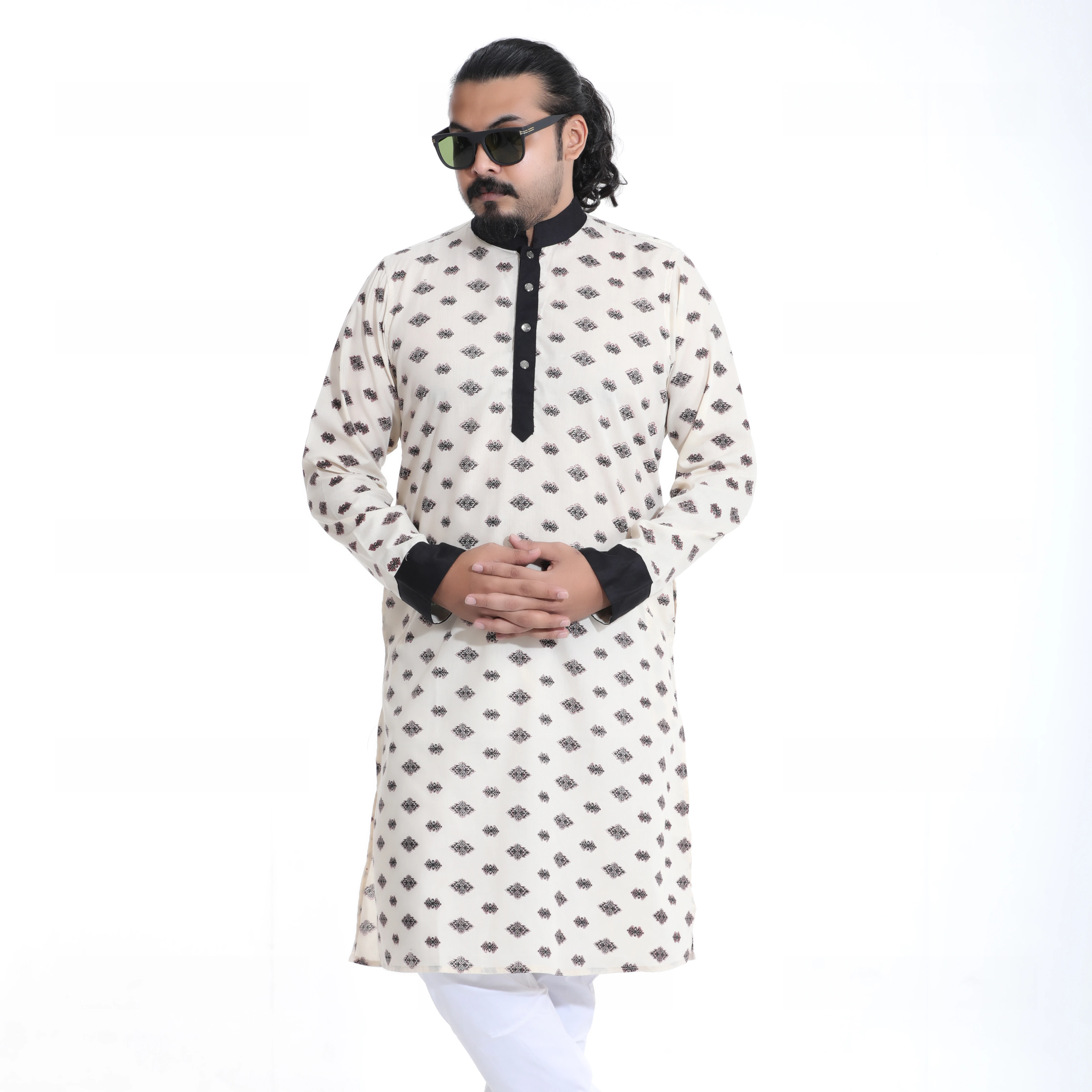 Men's White Printed Panjabi with Black Collar & Cuffs