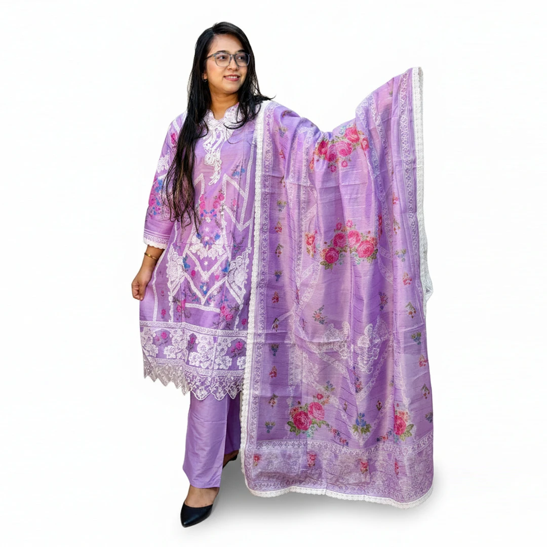 Lavender Embroidered Pakistani Cotton 3 Piece Set