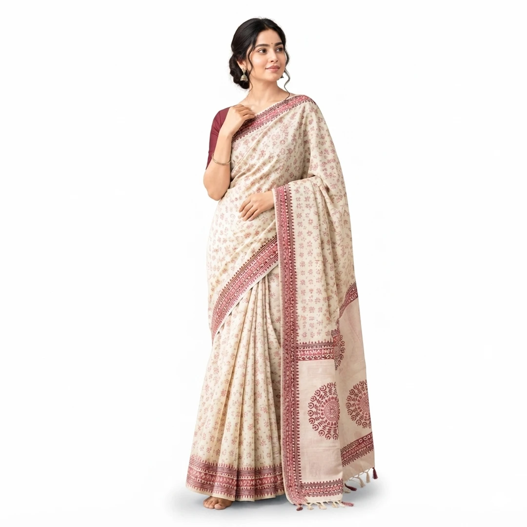 Indrani Khadi Cotton Saree – Off White Handloom Saree with Maroon & Red Block Print | Limited Edition