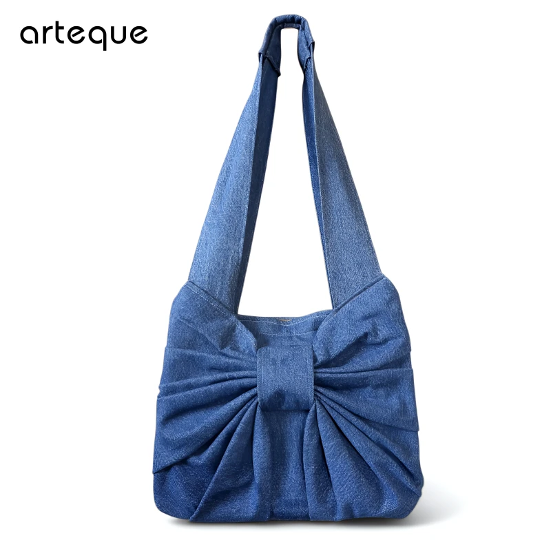 Fashionable And Minimalist Denim Single Shoulder Handbag  Bow Knot Tote Bag for Women