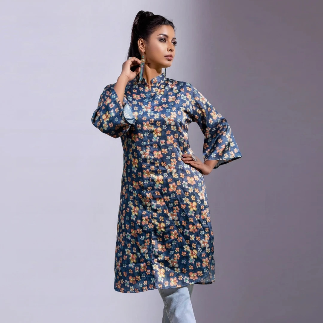 Luxurious Blue Floral Printed Silk Shamus Kurti
