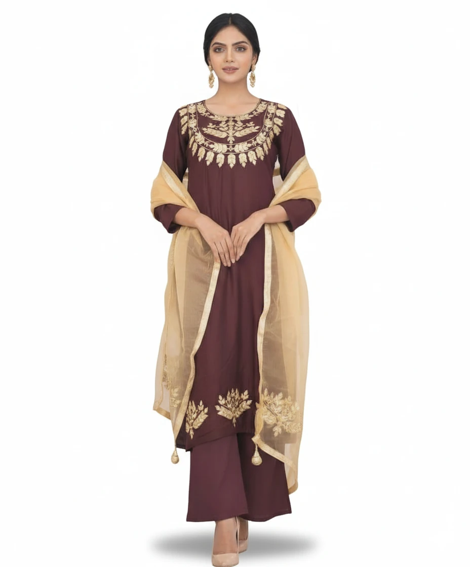Elegant Saddle Brown Embroidered Semi-Stitched Premium Rayon Three-Piece