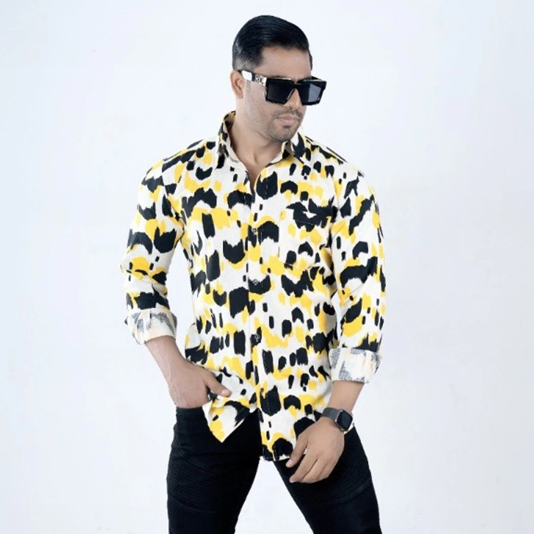Men's Yellow Black Abstract Print Long Sleeve Cotton Casual Shirt