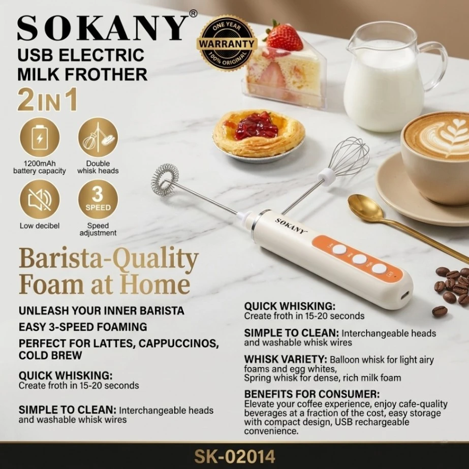SOKANY 2-in-1 Milk Frother & Electric Whisk