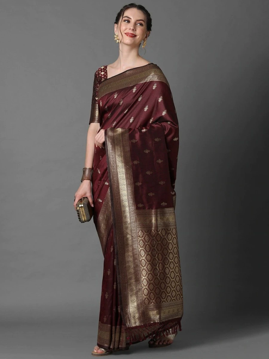 Elegant Maroon & Gold Woven Banarasi Silk Saree with Blouse Piece