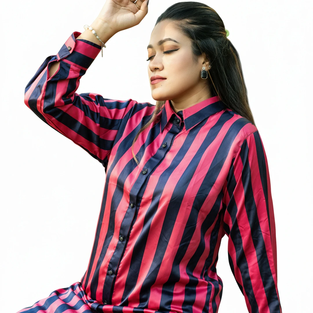 Bold Red and Dark Blue Satin-Finish Striped Long Shirt