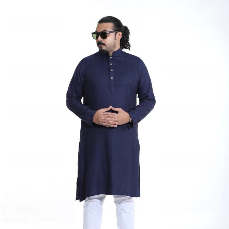 Men's Elegant Royal Blue Festive Panjabi with Subtle Checkered Weave