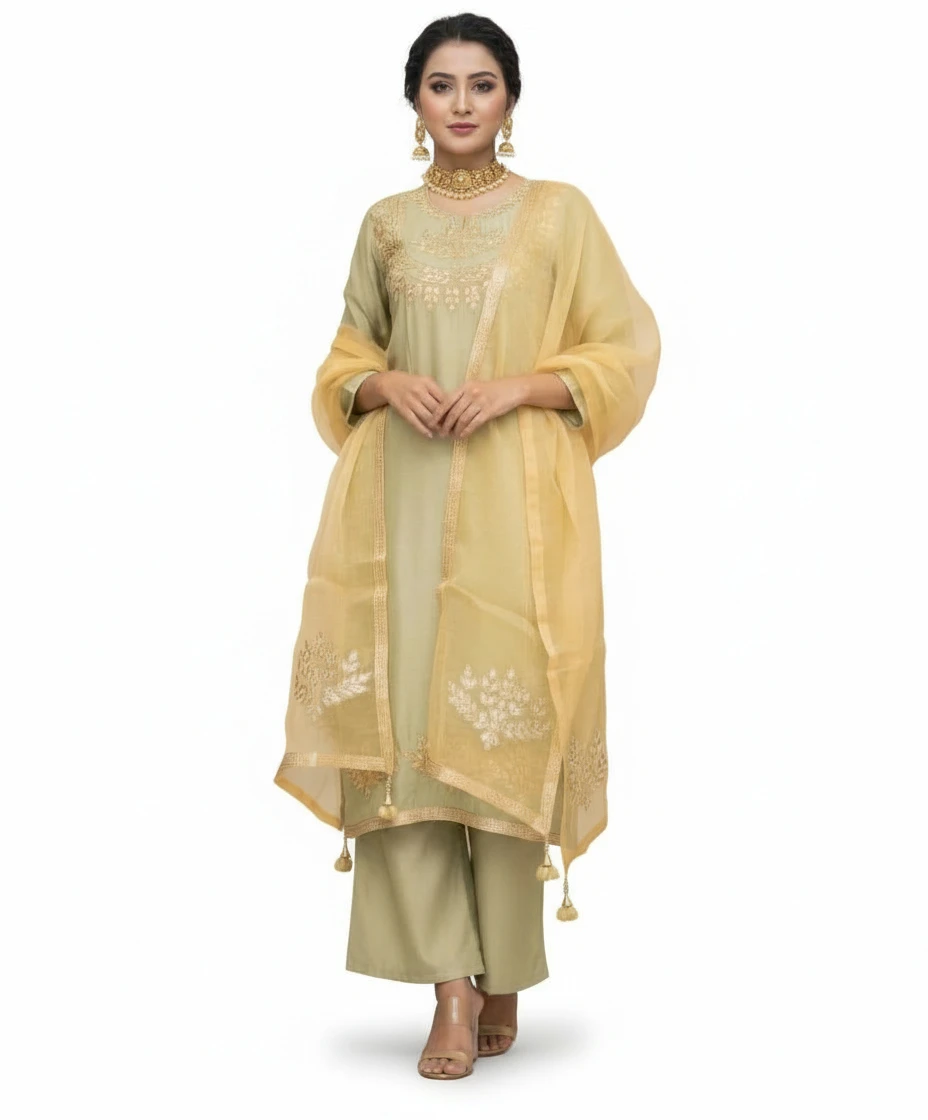 Elegant Light Green Embroidered Semi-Stitched Premium Rayon Three-Piece