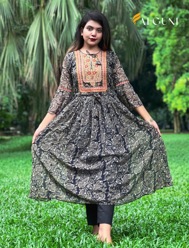 Black Floral Printed Marbel Georgette Gown With Embroidered