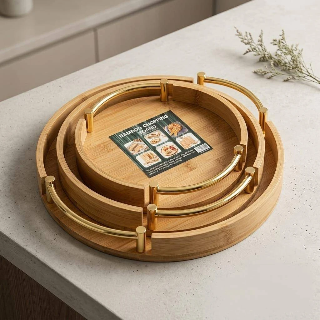 Round Bamboo Serving Tray & Chopping Board Set