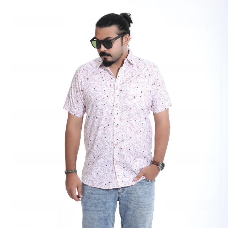 Men's Casual Pink & White Geometric Pattern Print Short Sleeve Shirt