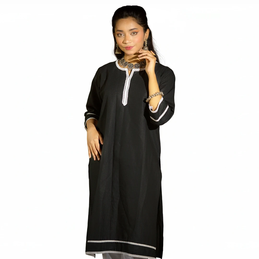 Black Kurti With White Lace and Pintucks
