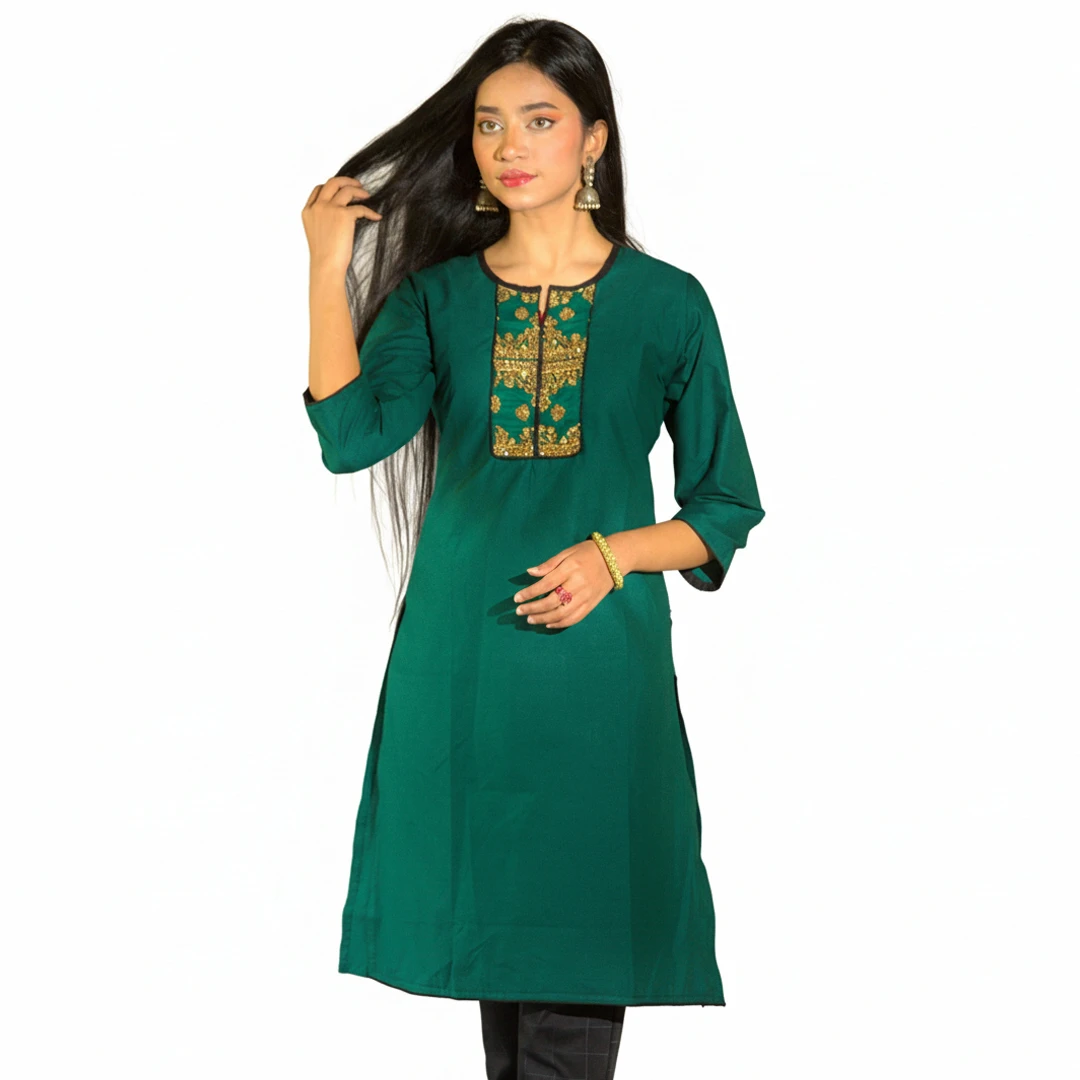 Emerald Green Kurti With Gold And Sequin Embroidery