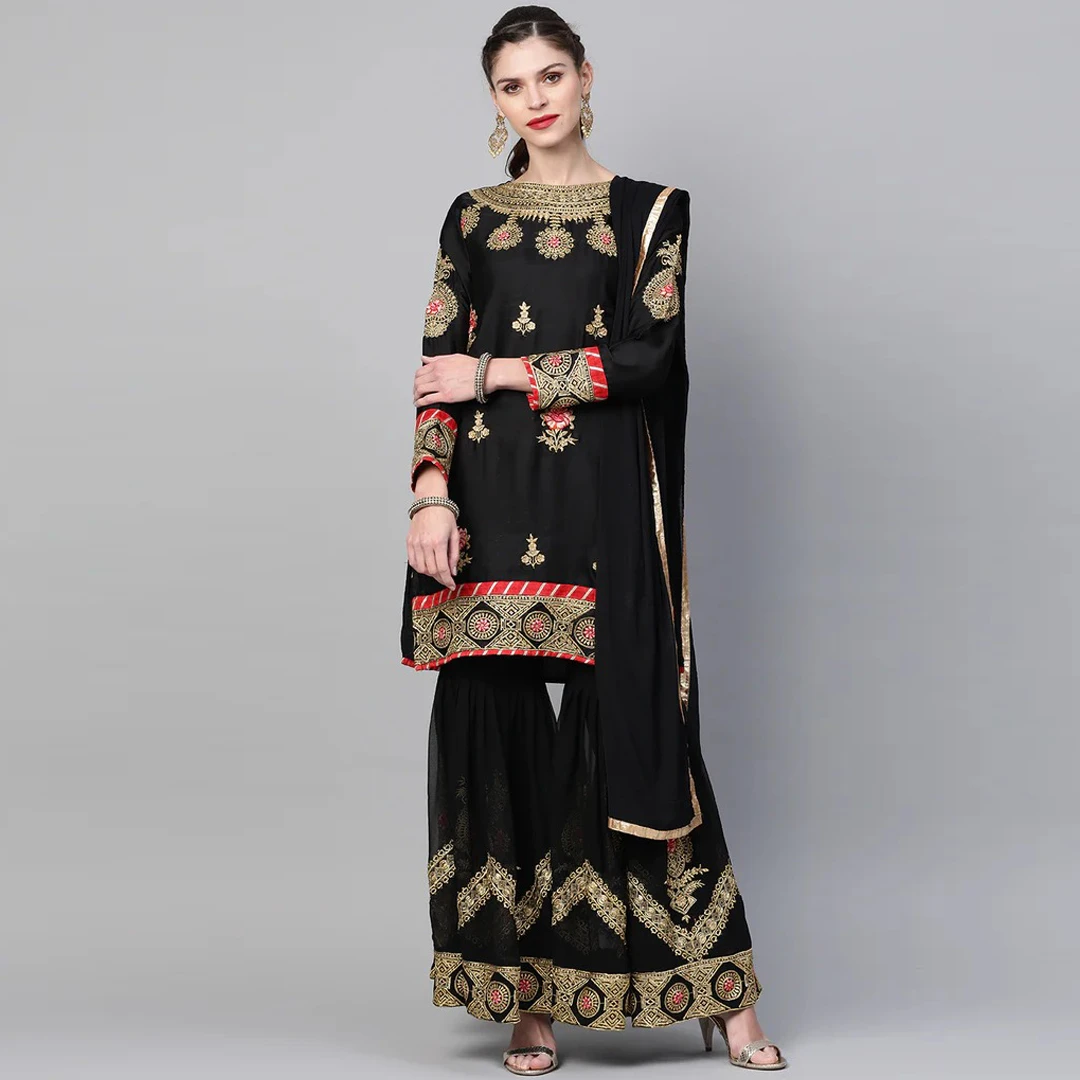 Measure Embellished Black Kurta Sharara Set With Zari, Resham embroidery