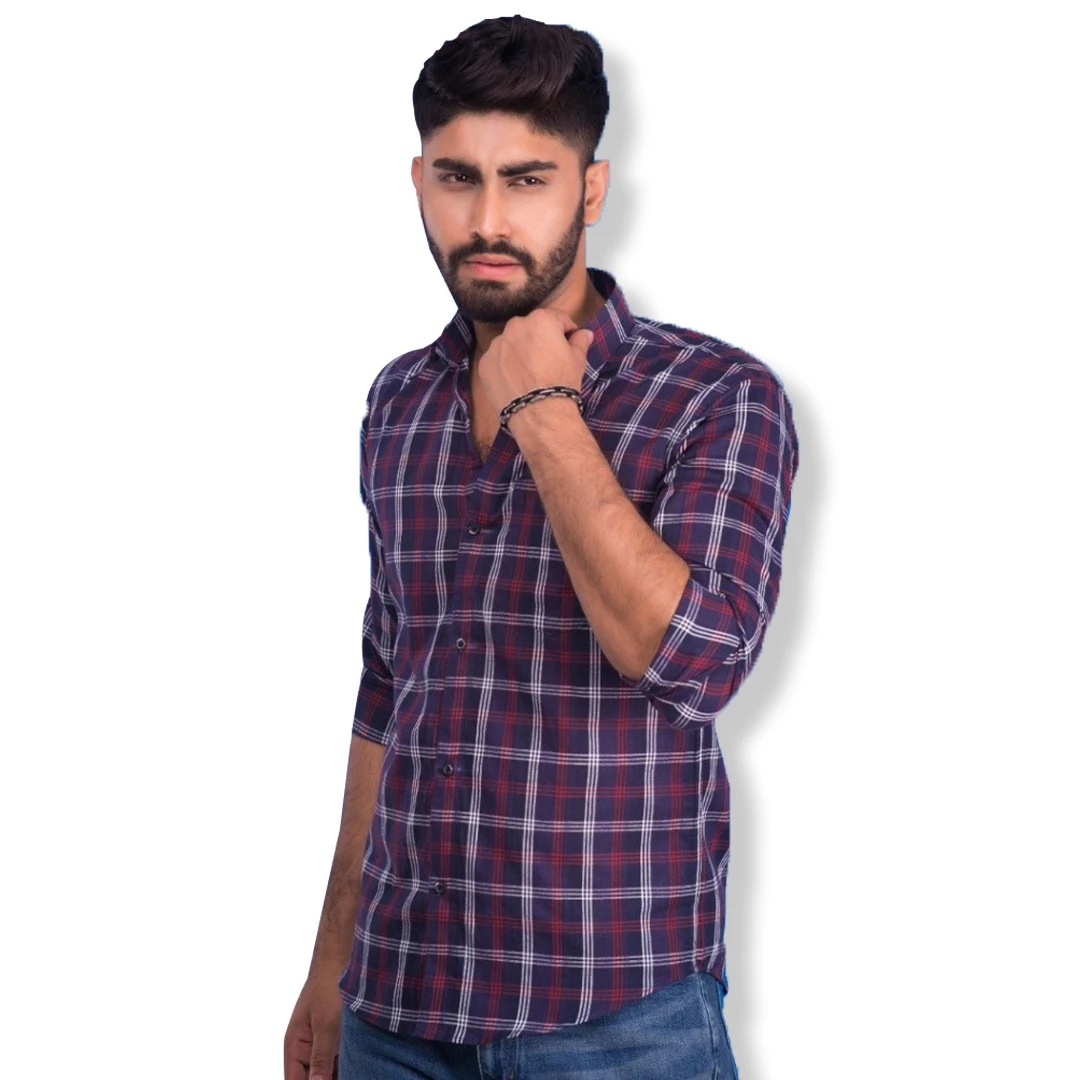 Men's Blue Red Plaid Checkered Long Sleeve Cotton Casual Shirt