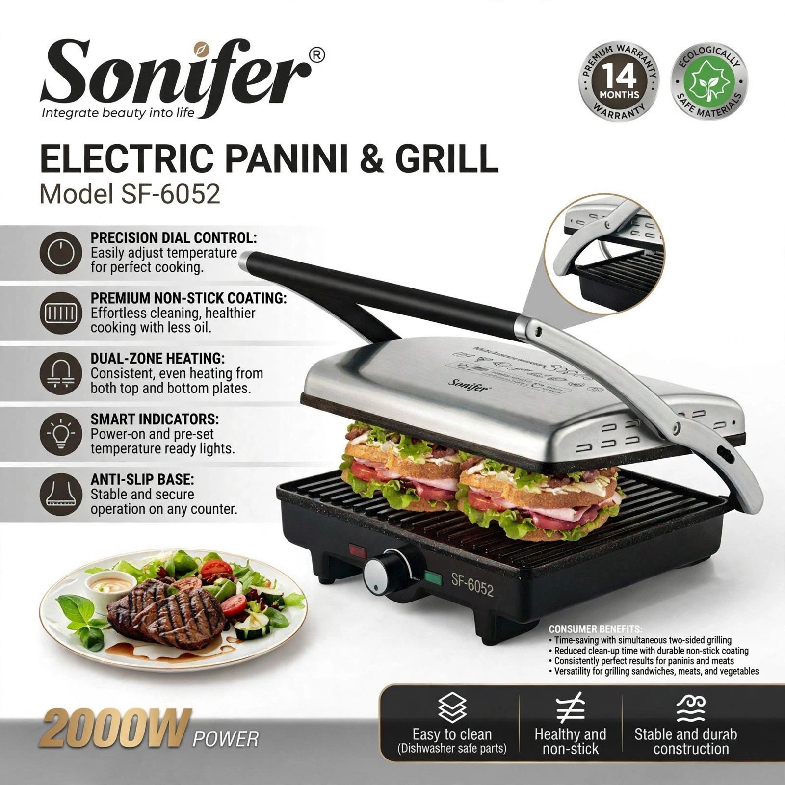 Sonifer SF-6052 Electric Panini & Grill 2000W