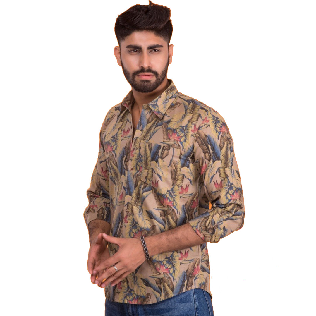 Men's Style Cotton Beige Tropical Floral Print Casual Shirt