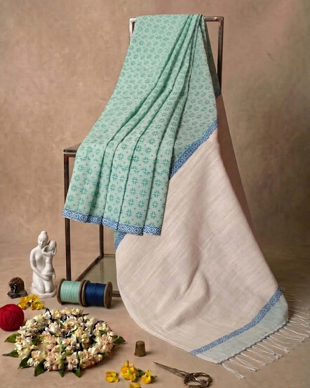 Shopnochura Khadi Cotton Saree – Sky Blue Handloom Saree with Self Block Print