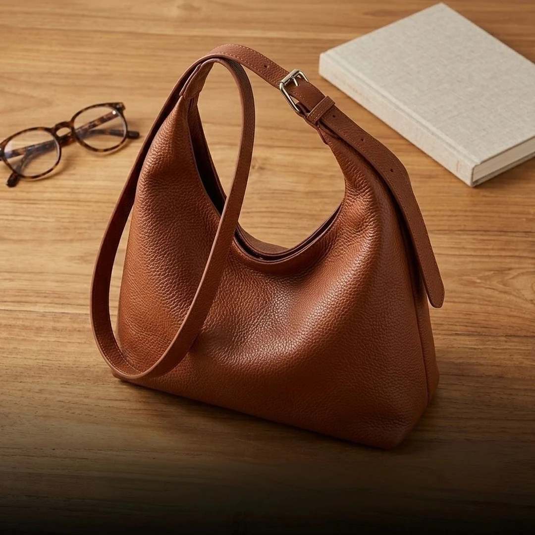 Caramel Brown Luxury Slouchy Knot Shoulder Bag – Premium Pebbled Faux Leather Hobo Tote with Adjustable Buckle Strap
