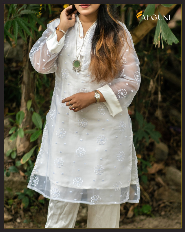 Elegant White Embroidered Organza Co-Ord Set - Floral Design