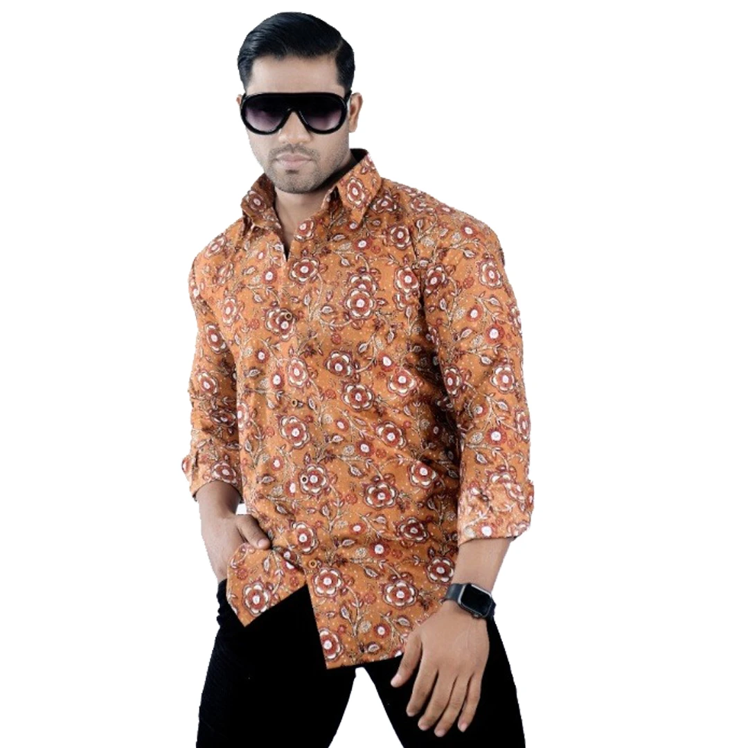 Men's Orange Floral Print Long Sleeve Cotton Casual Shirt
