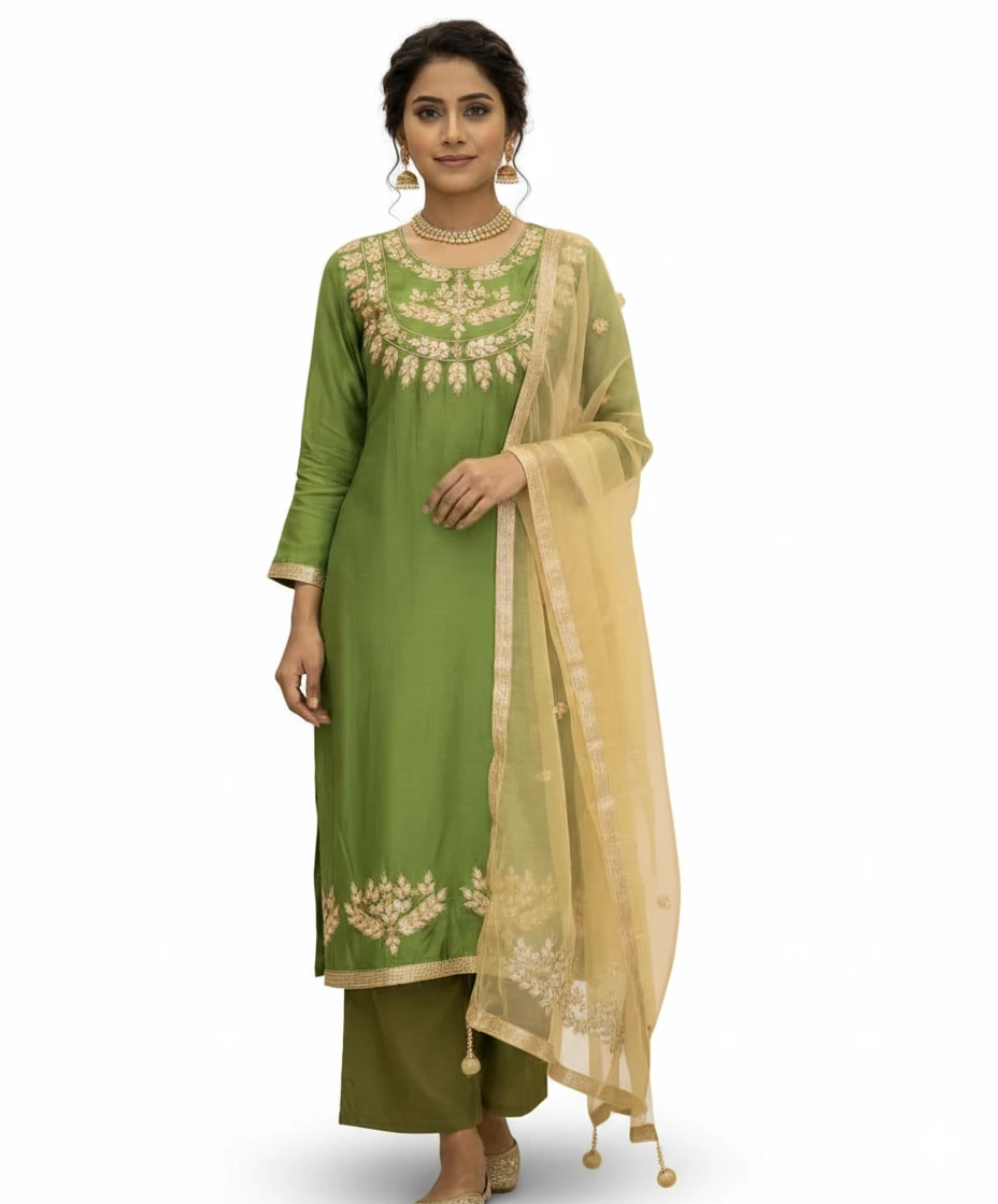 Elegant Lime Green Embroidered Semi-Stitched Premium Rayon Three-Piece
