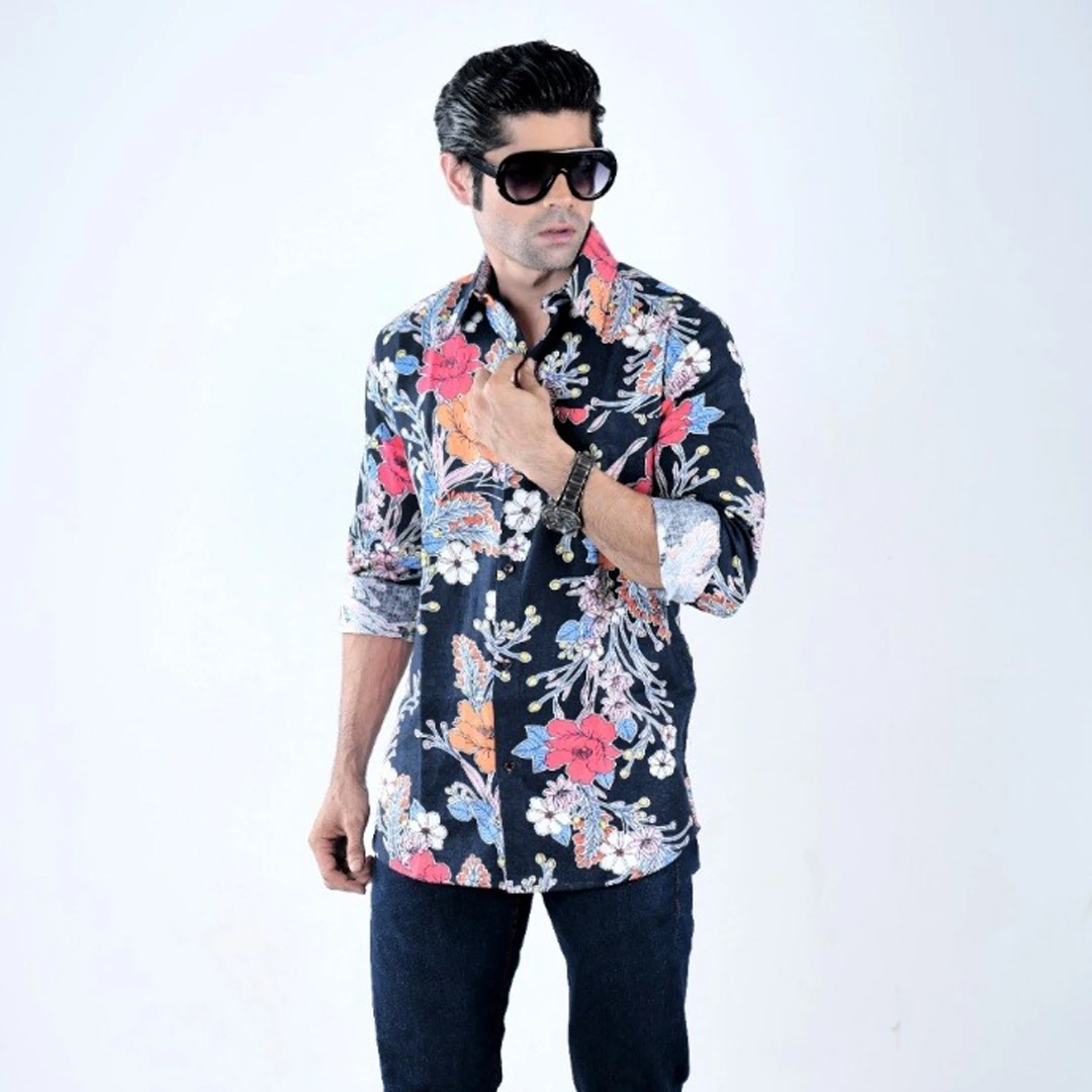 Men's Dark Blue Floral Print Long Sleeve Cotton Casual Shirt