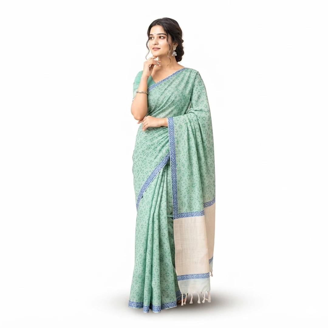 Shopnochura Khadi Cotton Saree – Sky Blue Handloom Saree with Self Block Print