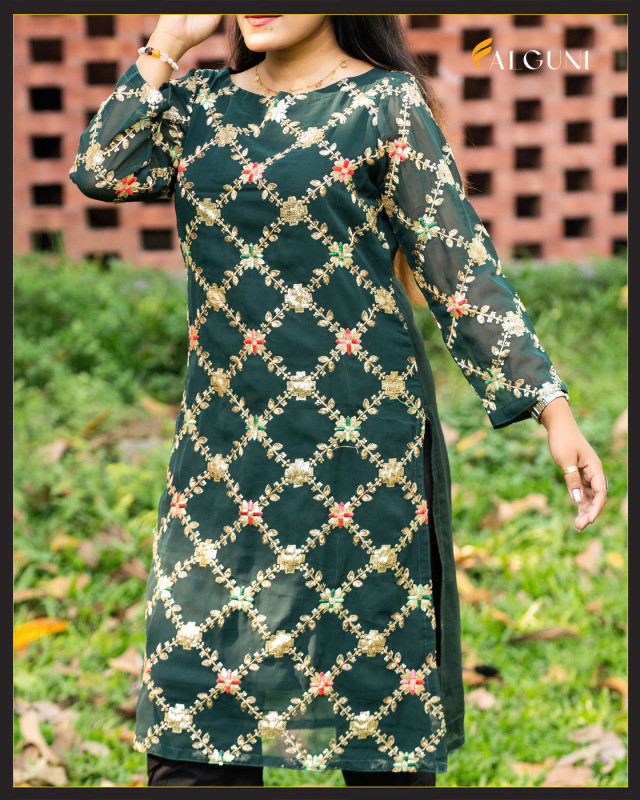 Premium luxury Zinari Dark Green Kurti with Embroidered