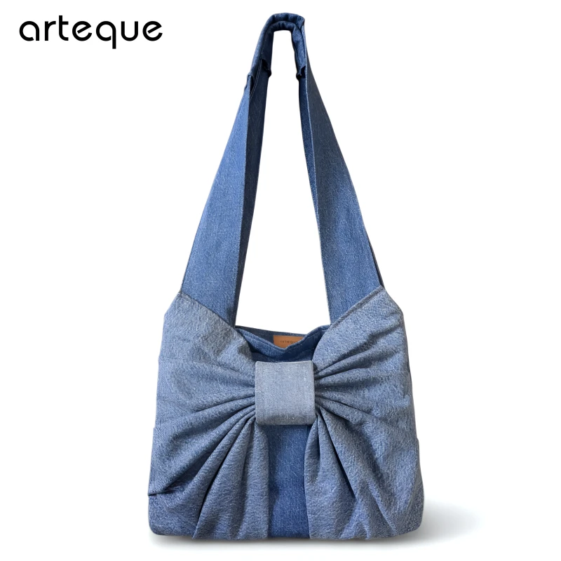 Fashionable And Minimalist Denim Single Shoulder Handbag  Bow Knot Tote Bag for Women