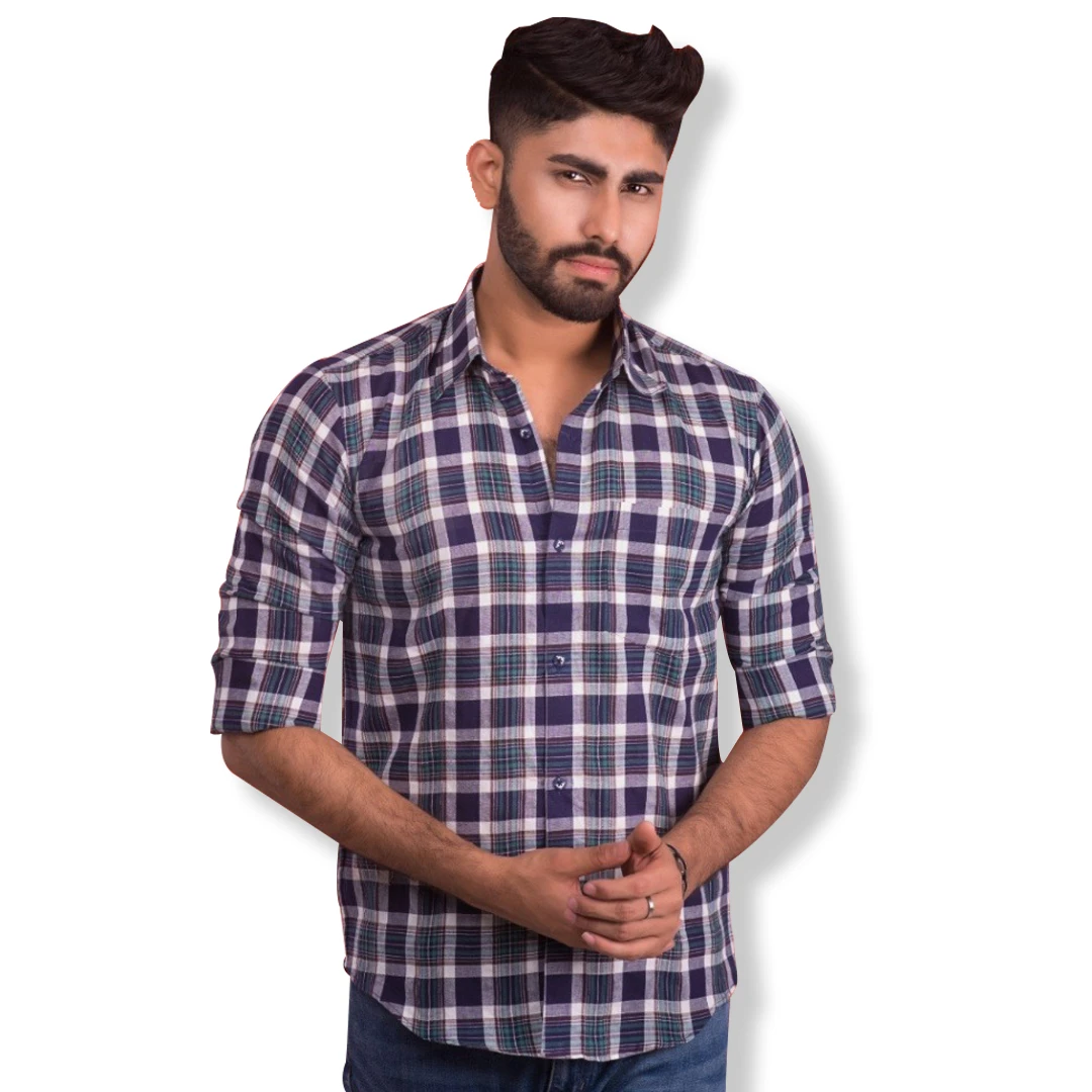 Men's Navy Green White Plaid Checkered Long Sleeve Cotton Casual Shirt