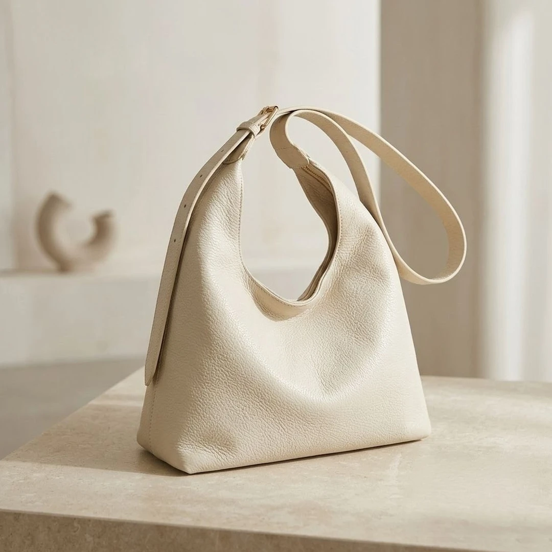 White Luxury Slouchy Knot Shoulder Bag – Premium Pebbled Faux Leather Hobo Tote with Adjustable Buckle Strap