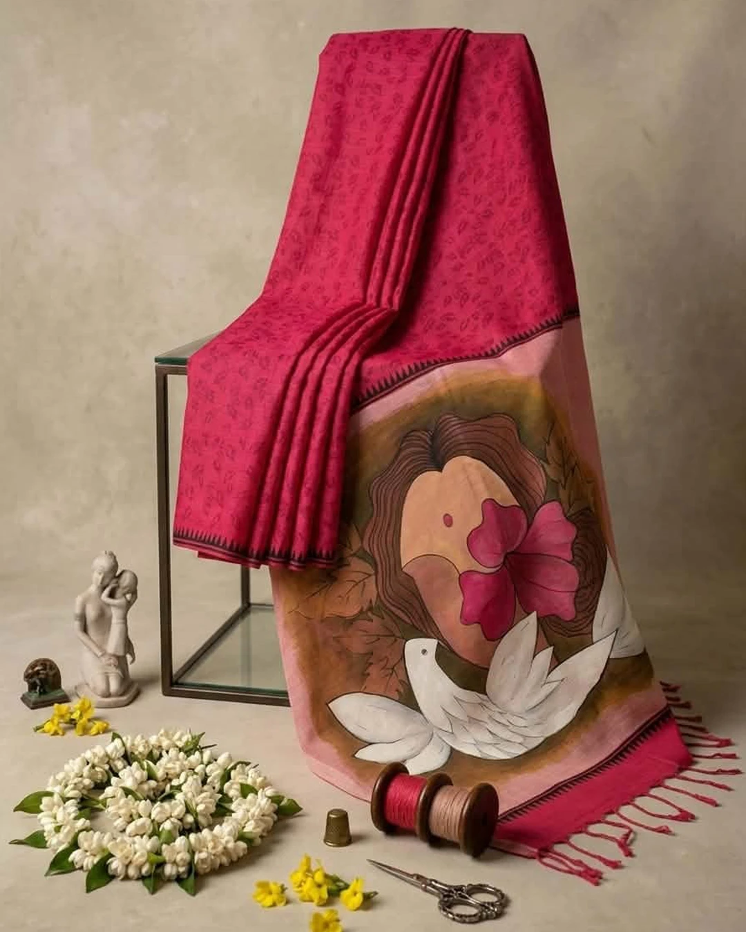 Raktakarabi Khadi Cotton Saree | Red Hand Painted & Block Print Saree