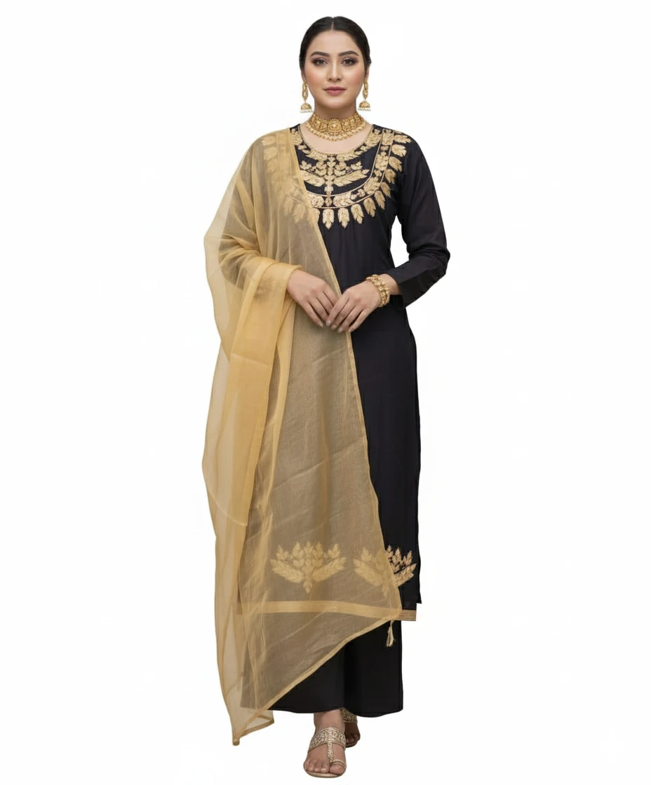 Elegant Black Embroidered Semi-Stitched Premium Rayon Three-Piece