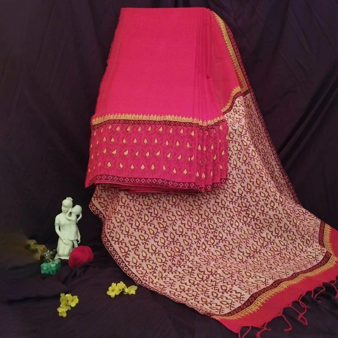 Premium Red Cotton Saree with Jamdani Motif Block Print & Golden Maroon Border – Limited Edition