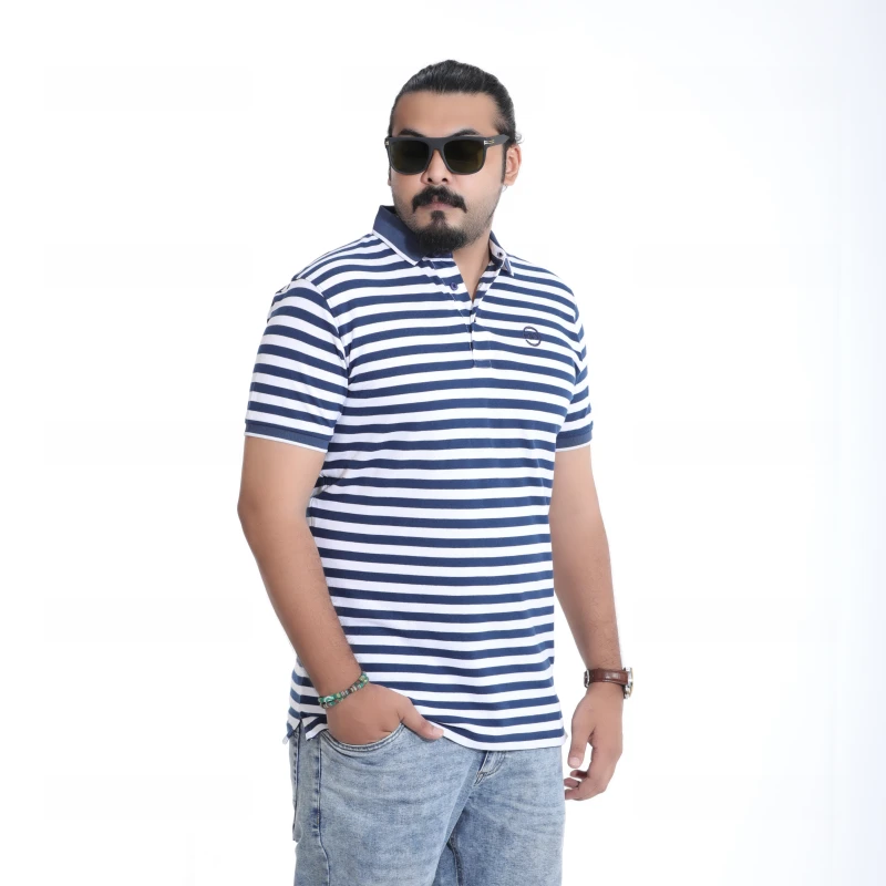 Men's Classic Striped Navy Blue and White Polo T-Shirt