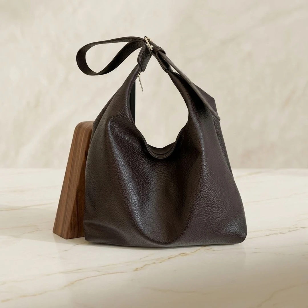 Coffee Brown Luxury Slouchy Knot Shoulder Bag – Premium Pebbled Faux Leather Hobo Tote with Adjustable Buckle Strap