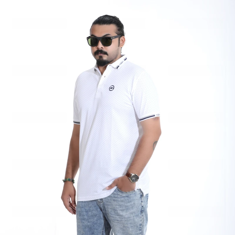 Classic White Polo T-Shirt with Blue Micro-Dots