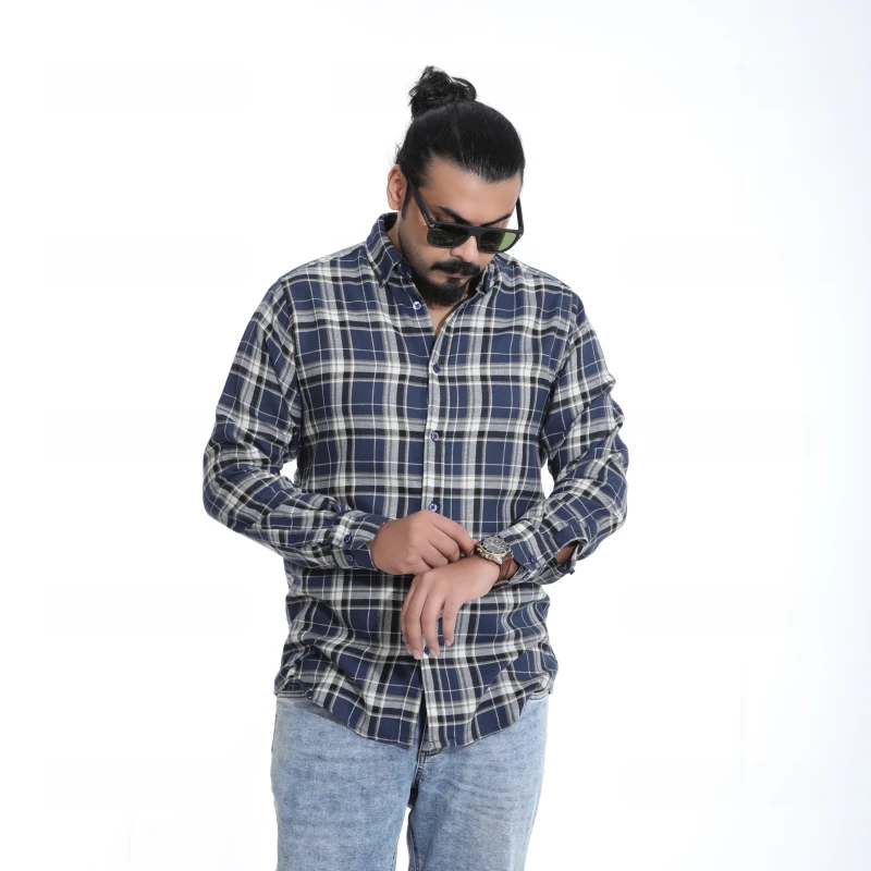 Men's Classic Navy Blue Plaid Checkered Long Sleeve Shirt